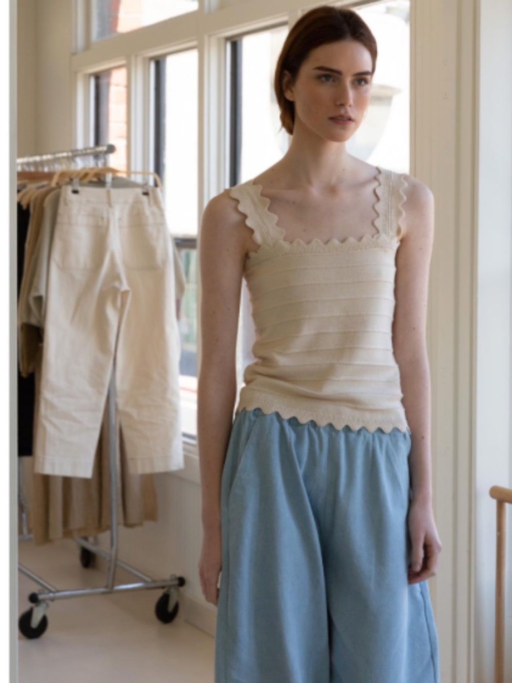 MICAELA GREG The Scallop Tank in Cream Soft Pima Cotton Fine Textured Knit NWOT